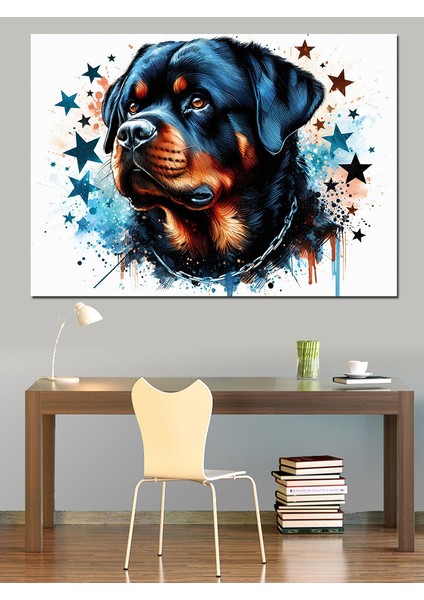 Rottweiler Cinsi Köpek ve Yıldızlar Dekoratif Kanvas - Mdf Ahşap Tablo