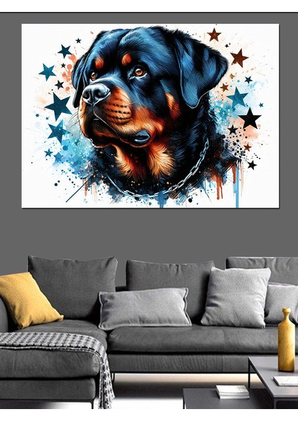 Rottweiler Cinsi Köpek ve Yıldızlar Dekoratif Kanvas - Mdf Ahşap Tablo