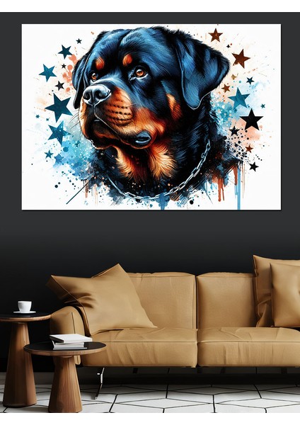 Rottweiler Cinsi Köpek ve Yıldızlar Dekoratif Kanvas - Mdf Ahşap Tablo