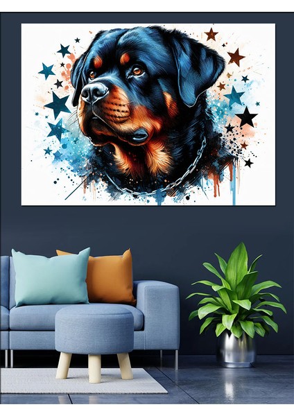 Rottweiler Cinsi Köpek ve Yıldızlar Dekoratif Kanvas - Mdf Ahşap Tablo