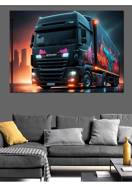 Neon Işıklı Tır Tasarımı Dekoratif Kanvas - Mdf Ahşap Tablo