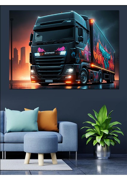 Neon Işıklı Tır Tasarımı Dekoratif Kanvas - Mdf Ahşap Tablo modelleri