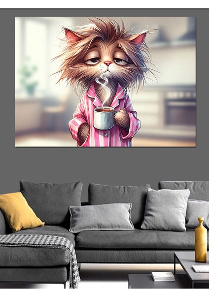 Çay Içen Kedi Dekoratif Kanvas - Mdf Ahşap Tablo