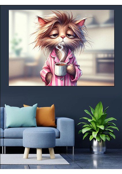 Çay Içen Kedi Dekoratif Kanvas - Mdf Ahşap Tablo