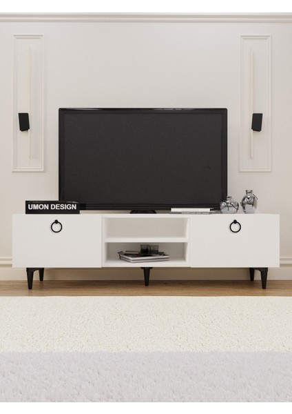 Agora Tv Ünitesi 150 cm Üç Kapaklı Raflı Ayaklı Tv Sehpası Beyaz- Antrasit