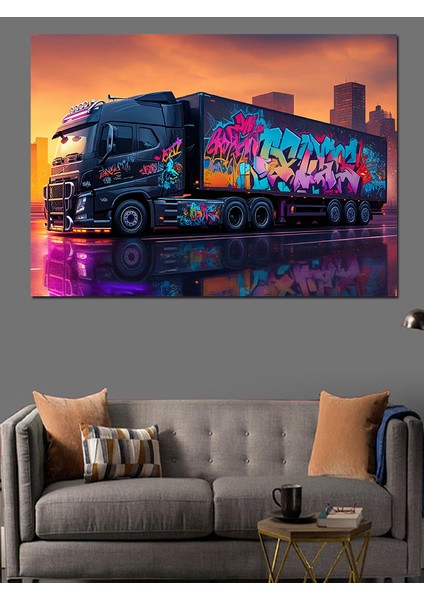 Grafitili Siyah Tır Dekoratif Kanvas - Mdf Ahşap Tablo