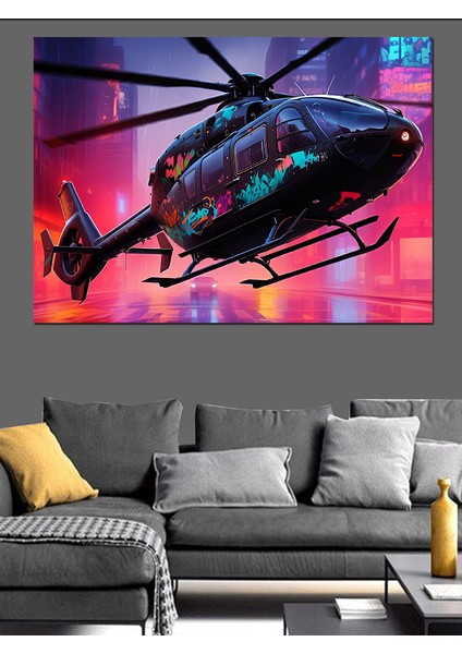 Gece Uçan Helikopter Dekoratif Kanvas - Mdf Ahşap Tablo