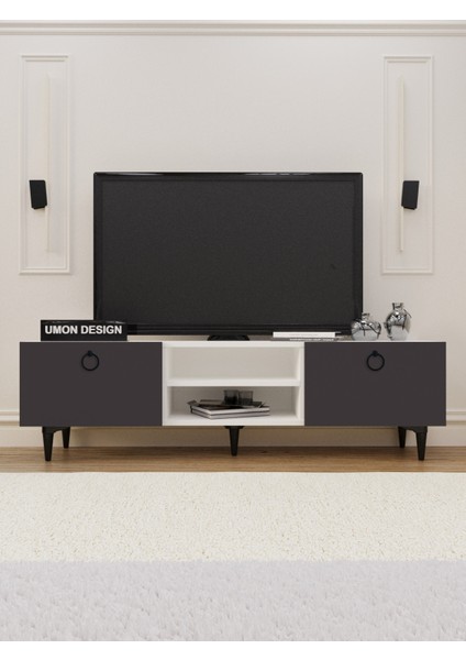 Agora Tv Ünitesi 150 cm Üç Kapaklı Raflı Ayaklı Tv Sehpası Beyaz- Antrasit