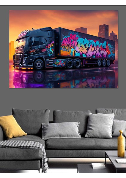 Grafitili Siyah Tır Dekoratif Kanvas - Mdf Ahşap Tablo modelleri
