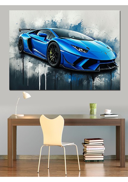 Mavi Lamborghini Çizimi Dekoratif Kanvas - Mdf Ahşap Tablo