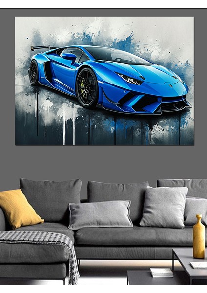 Mavi Lamborghini Çizimi Dekoratif Kanvas - Mdf Ahşap Tablo