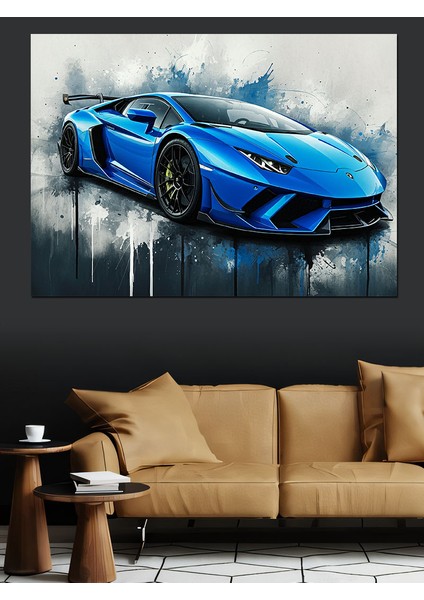Mavi Lamborghini Çizimi Dekoratif Kanvas - Mdf Ahşap Tablo