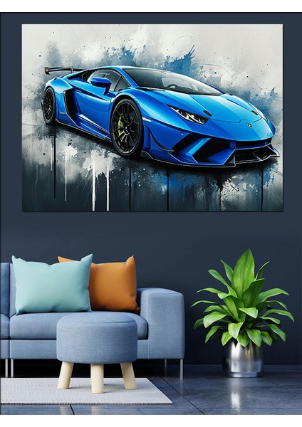 Mavi Lamborghini Çizimi Dekoratif Kanvas - Mdf Ahşap Tablo