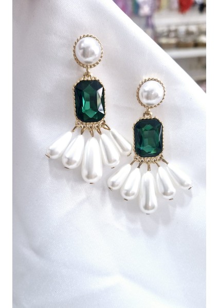 Kadın Yeşil Zirkontaşlı Inci Küpe Vintage ve Sofistike modelleri