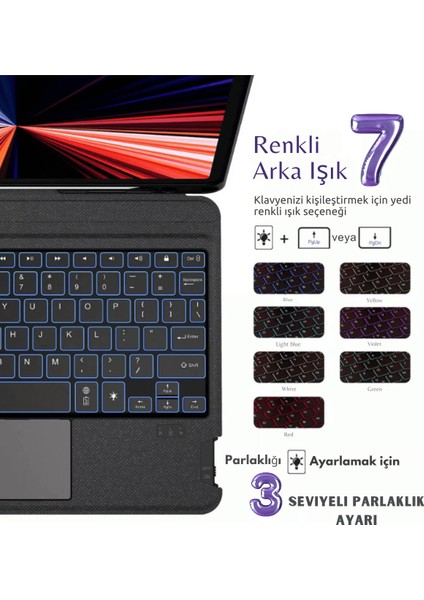 Apple iPad Air 11 M3 2025 Uyumlu Fuchsia Touch Pad Bluetooth Klavyeli Standlı Mıknatıslı Tablet Kılıfı