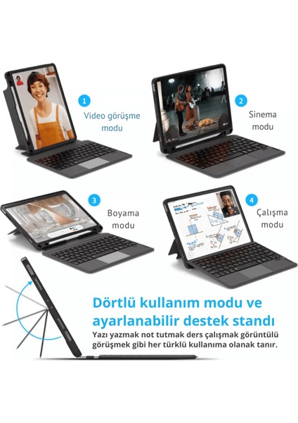 Apple iPad Air 11 M3 2025 Uyumlu Fuchsia Touch Pad Bluetooth Klavyeli Standlı Mıknatıslı Tablet Kılıfı