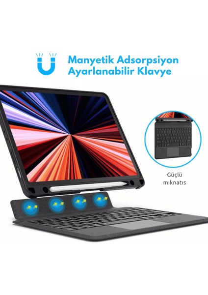 Apple iPad Air 11 M3 2025 Uyumlu Fuchsia Touch Pad Bluetooth Klavyeli Standlı Mıknatıslı Tablet Kılıfı