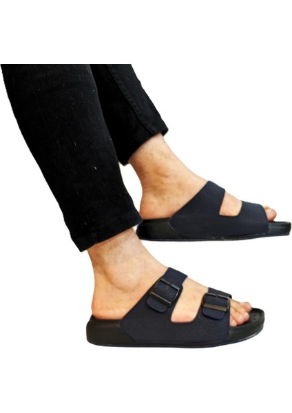 7408 Lacivert Çift Tokalı Yumuşak Taban Erkek Terlik