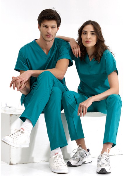 Açık Petrol Yeşili Lüks Likralı Greys Alt Üst Takım Doktor Hemşire Scrubs Üniforma