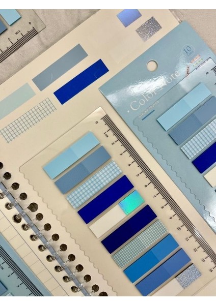 10 Renkli Cetvelli Altın Yaldızlı Mavi Tonları Şeffaf Pet Indeks/kitap Ayracı/ındex Sticker/sticky Note