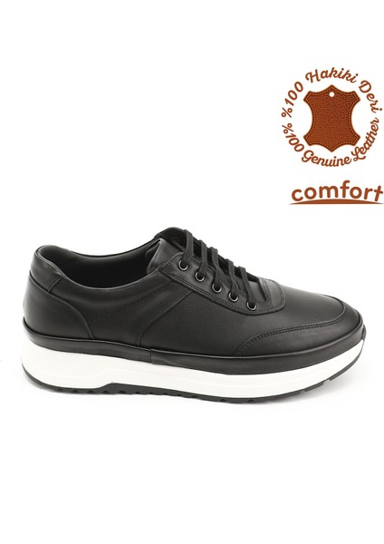 Erkek Siyah Bağcıklı Hakiki Deri Comfort Sneaker