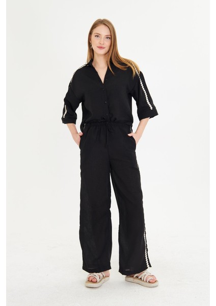 Örme Aksesuar Detaylı Keten Pantolon modelleri