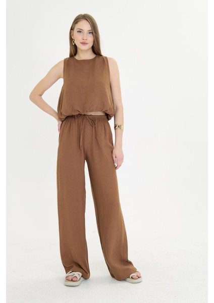 Dar Kemerli Keten Pantolon