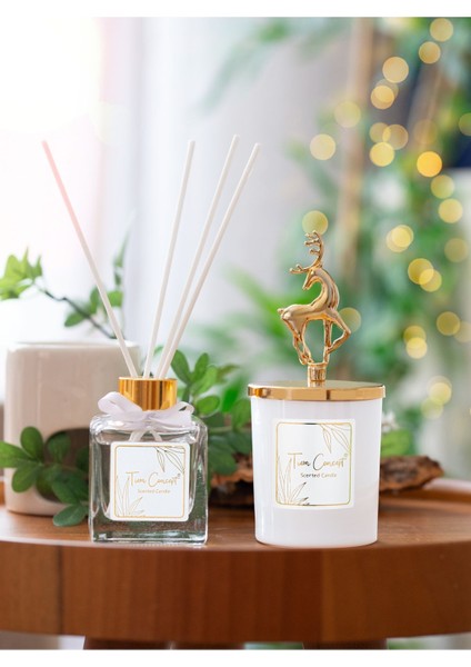 Geyik Başlıklı Gold Detaylı Çubuklu Oda Kokusu 100 ml ve Beyaz Bardak Mum Seti
