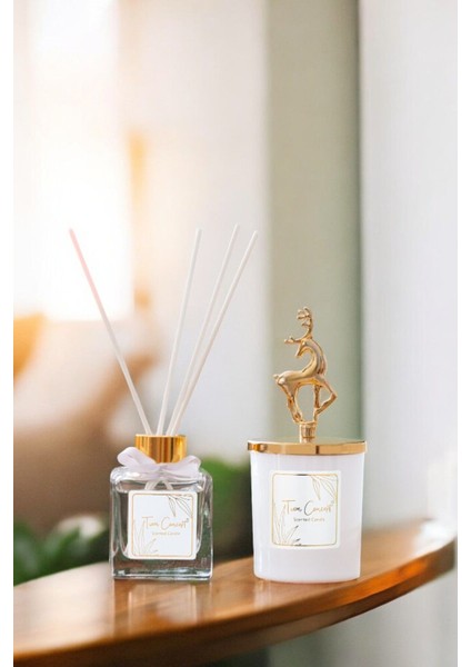 Geyik Başlıklı Gold Detaylı Çubuklu Oda Kokusu 100 ml ve Beyaz Bardak Mum Seti fiyatları