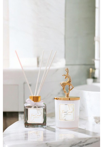 Geyik Başlıklı Gold Detaylı Çubuklu Oda Kokusu 100 ml ve Beyaz Bardak Mum Seti modelleri