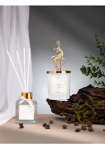 Geyik Başlıklı Gold Detaylı Çubuklu Oda Kokusu 100 ml ve Beyaz Bardak Mum Seti fırsatları