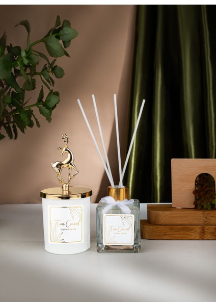 Geyik Başlıklı Gold Detaylı Çubuklu Oda Kokusu 100 ml ve Beyaz Bardak Mum Seti indirimleri