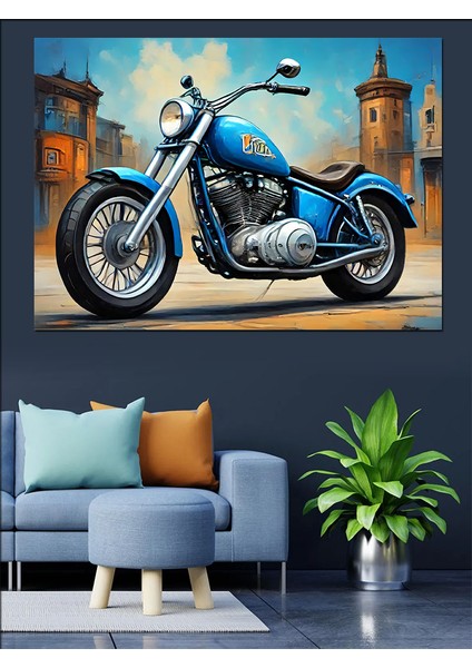 Mavi Chopper Motosiklet Dekoratif Kanvas - Mdf Ahşap Tablo fiyatları