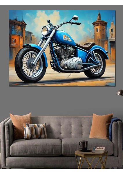 Mavi Chopper Motosiklet Dekoratif Kanvas - Mdf Ahşap Tablo modelleri