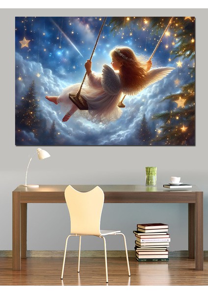 Bulutların Üstünde Sallanan Melek Çocuk Dekoratif Kanvas - Mdf Ahşap Tablo