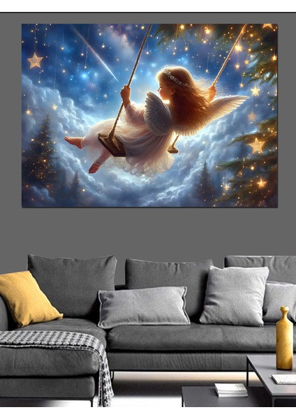 Bulutların Üstünde Sallanan Melek Çocuk Dekoratif Kanvas - Mdf Ahşap Tablo fiyatları