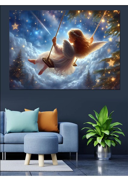 Bulutların Üstünde Sallanan Melek Çocuk Dekoratif Kanvas - Mdf Ahşap Tablo fırsatları