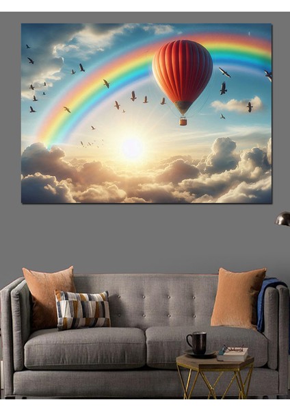 Uçan Balon ve Gökkuşağı Dekoratif Kanvas - Mdf Ahşap Tablo
