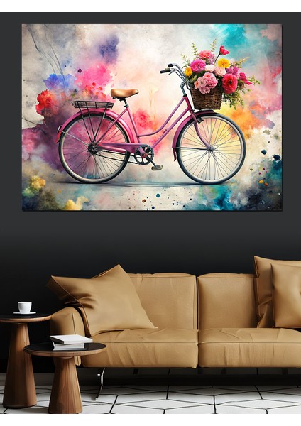 Çiçekler ve Bisiklet Dekoratif Kanvas - Mdf Ahşap Tablo