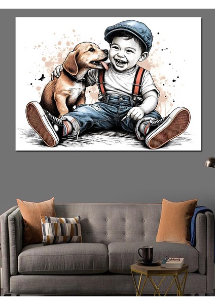 Küçük Çocuk ve Yavru Köpeği Dekoratif Kanvas - Mdf Ahşap Tablo