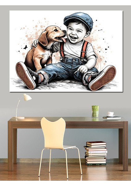 Küçük Çocuk ve Yavru Köpeği Dekoratif Kanvas - Mdf Ahşap Tablo