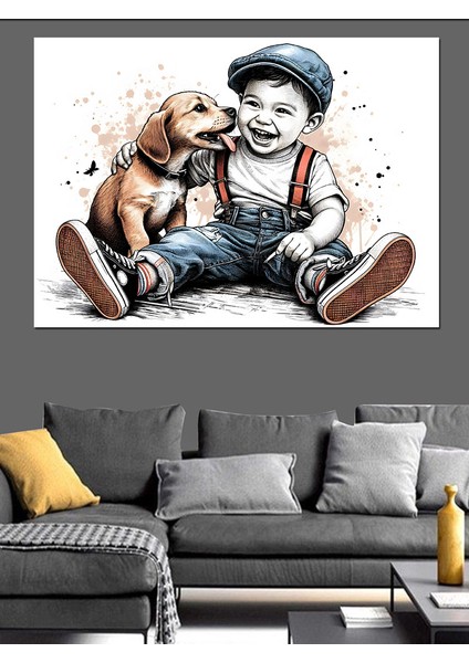 Küçük Çocuk ve Yavru Köpeği Dekoratif Kanvas - Mdf Ahşap Tablo