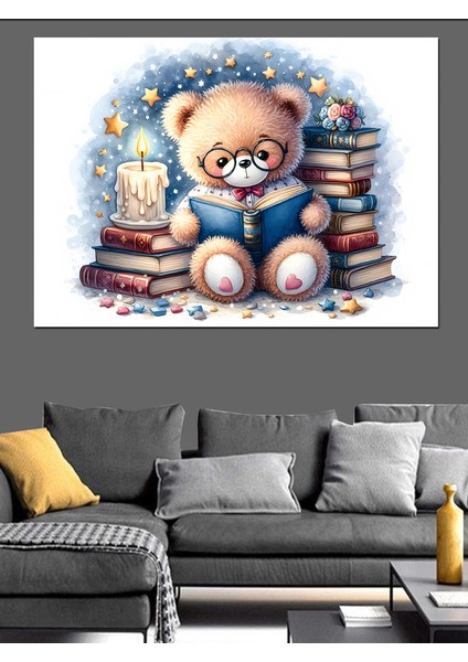 Kitap Okuyan Gözlüklü Peluş Ayı Dekoratif Kanvas - Mdf Ahşap Tablo