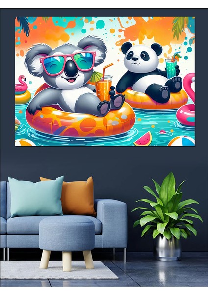 Havuzda Panda ve Koala Dekoratif Kanvas - Mdf Ahşap Tablo