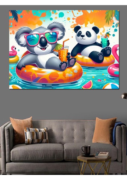 Havuzda Panda ve Koala Dekoratif Kanvas - Mdf Ahşap Tablo