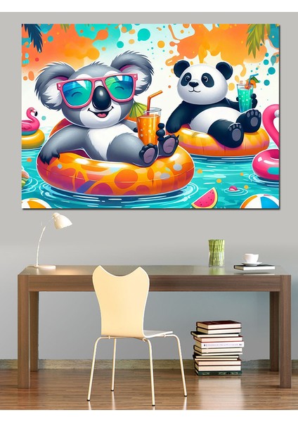Havuzda Panda ve Koala Dekoratif Kanvas - Mdf Ahşap Tablo