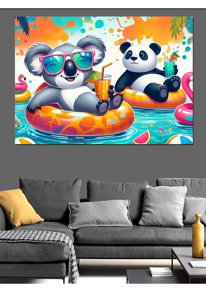 Havuzda Panda ve Koala Dekoratif Kanvas - Mdf Ahşap Tablo