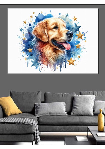 Golden Cinsi Köpek ve Yıldızlar Dekoratif Kanvas - Mdf Ahşap Tablo