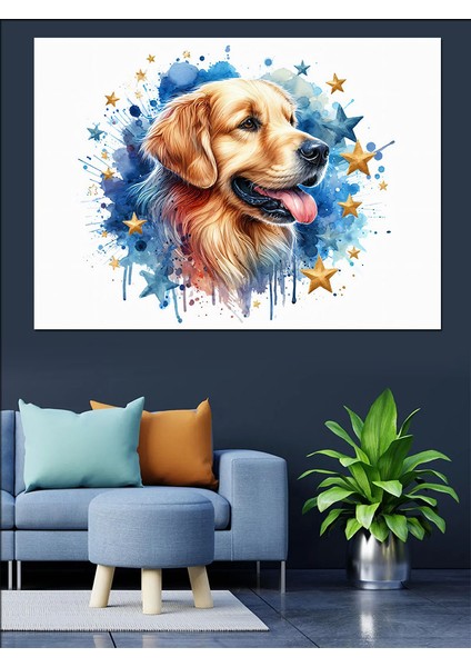 Golden Cinsi Köpek ve Yıldızlar Dekoratif Kanvas - Mdf Ahşap Tablo modelleri