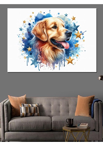 Golden Cinsi Köpek ve Yıldızlar Dekoratif Kanvas - Mdf Ahşap Tablo fırsatları